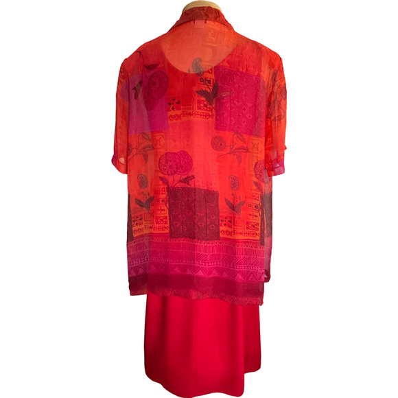 K Woman's 2-Piece 20W Red Dress Set Vintage Sheer Overlay Blouse Made in USA - Picture 2 of 16